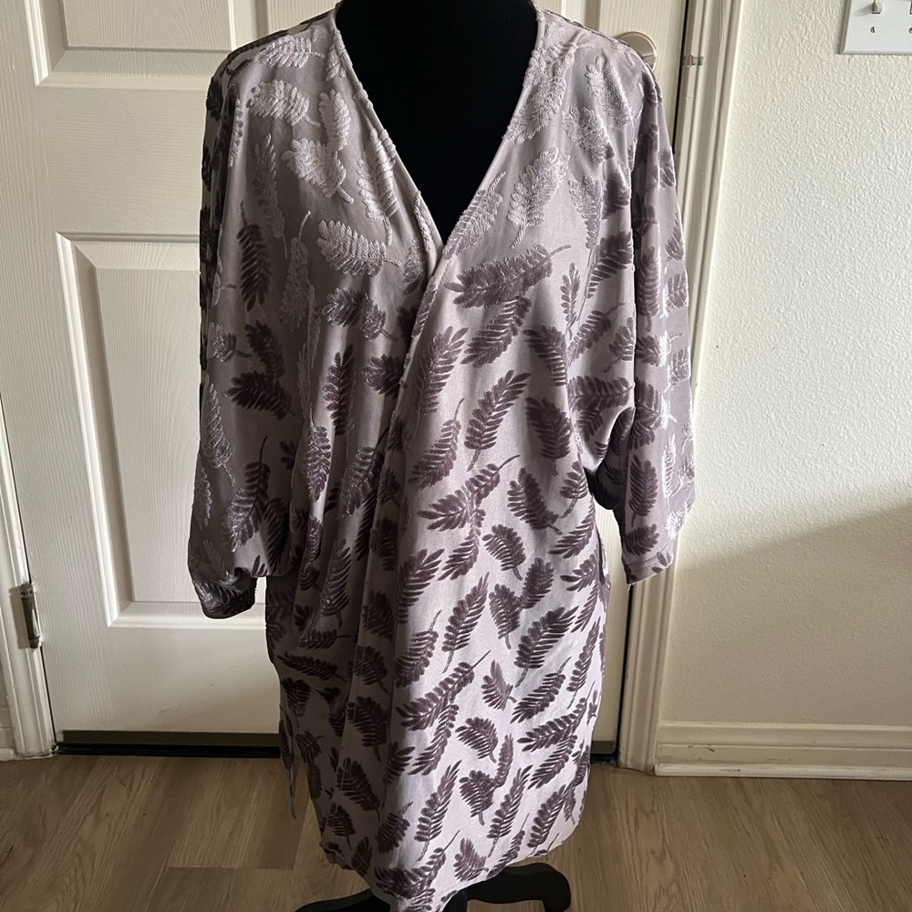 Gray Velvet Burnout Leaf Open Front Lagenlook Boho Cardigan/Kimono Large